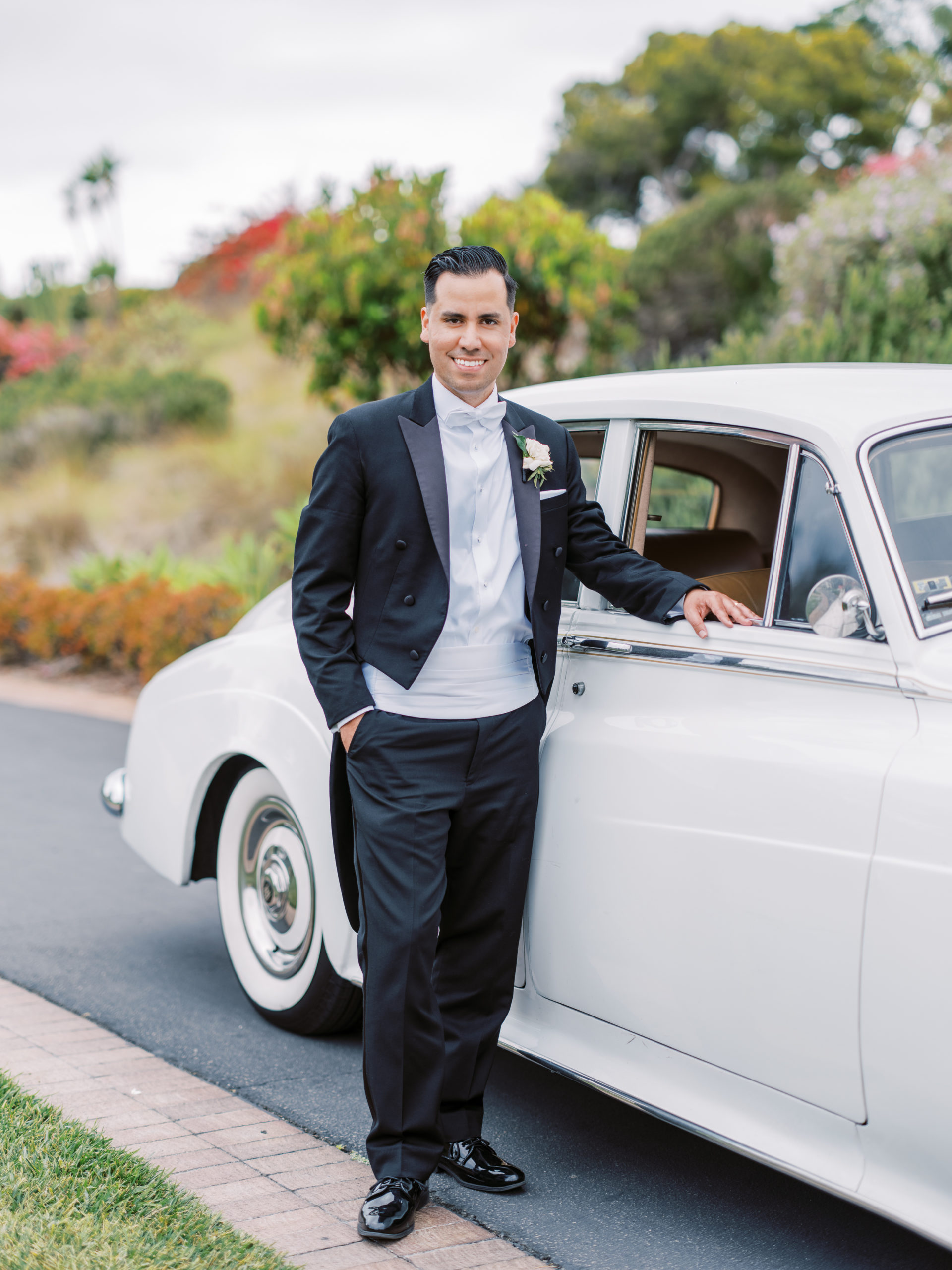 Terranea wedding groom and classic car