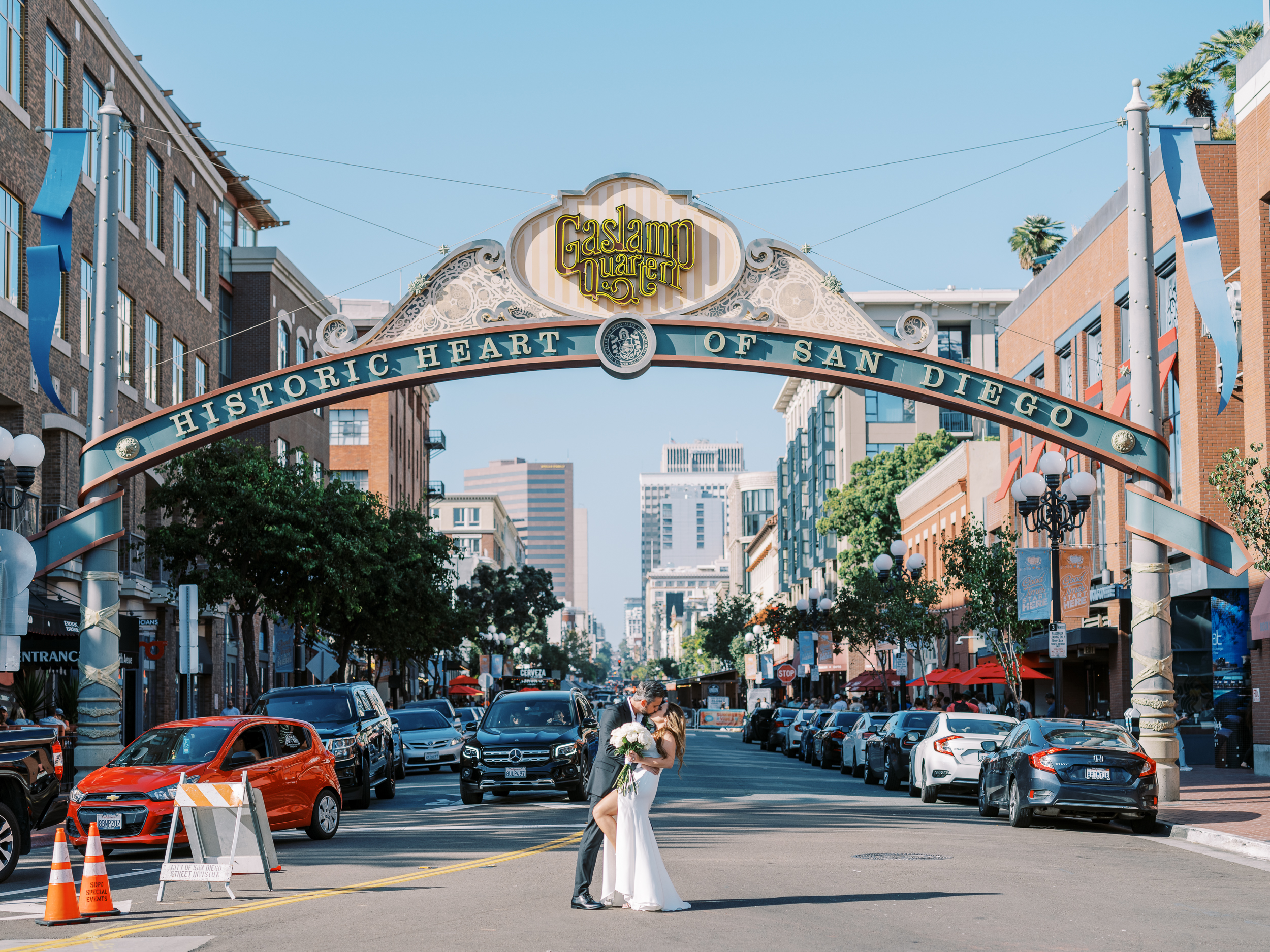 Bride and Groom under Gaslamp sign San Diego