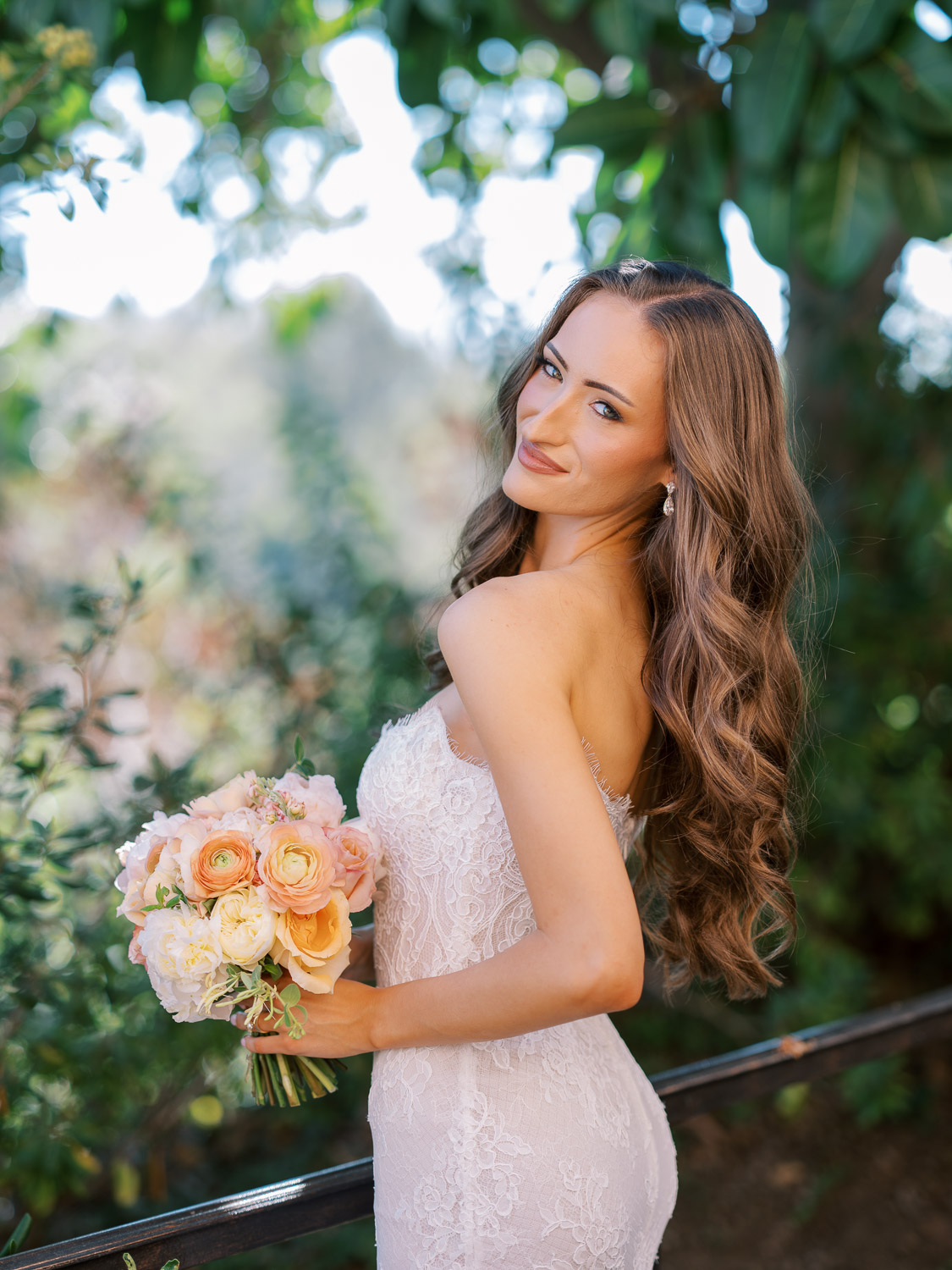 bridal portrait with colorful wedding bouquet at rancho valencia terrace