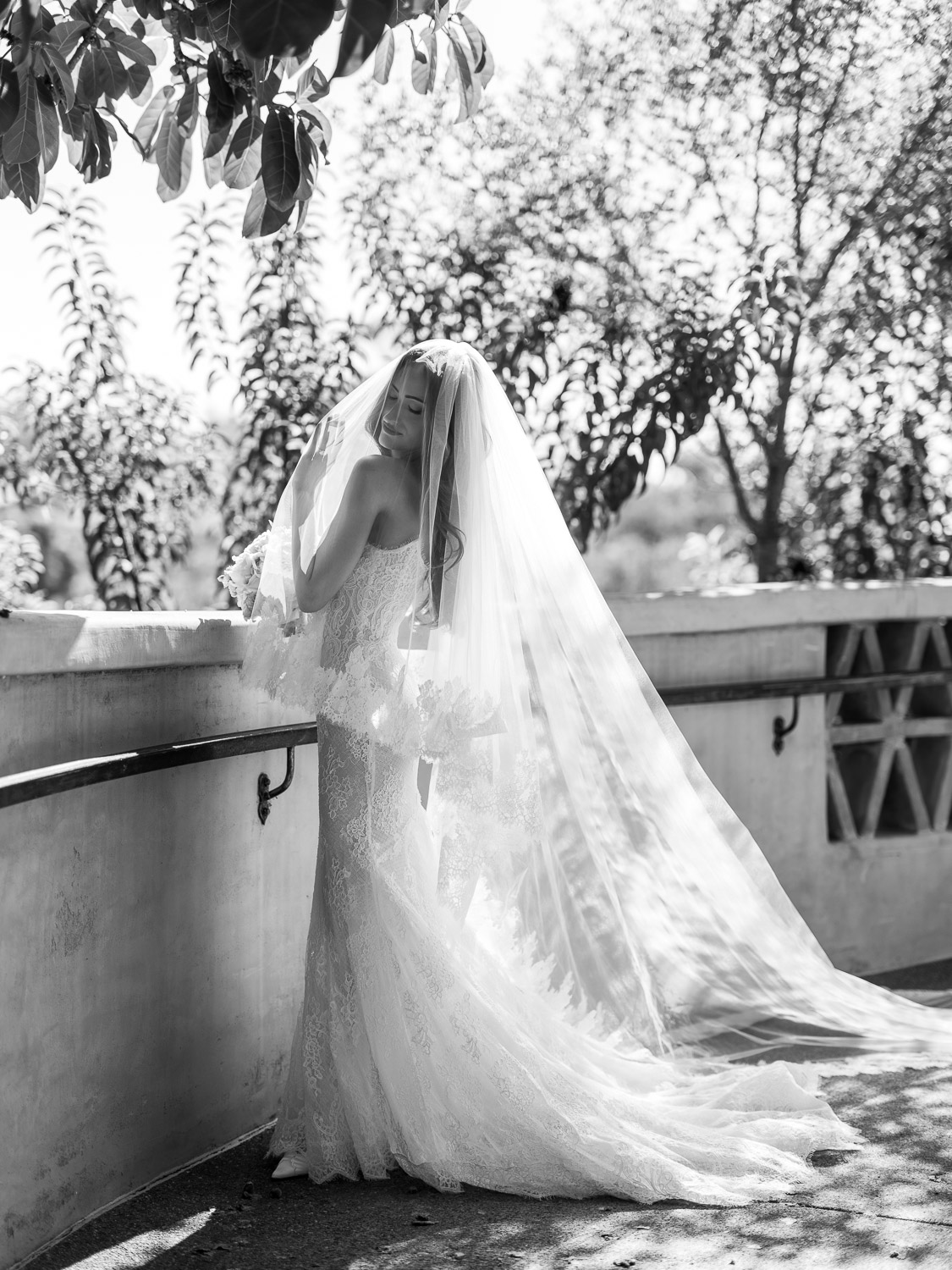 bridal portrait in black and white under veil blusher at rancho valencia